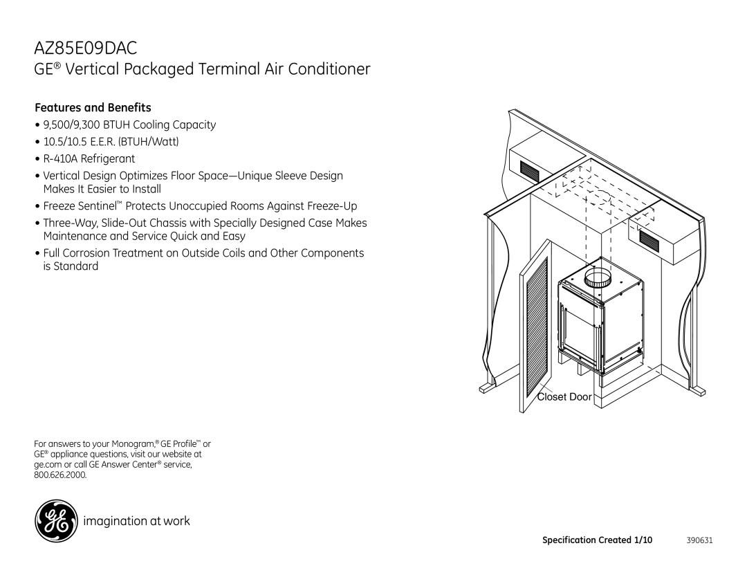 GE AZ85E09DAC warranty GE Vertical Packaged Terminal Air Conditioner 