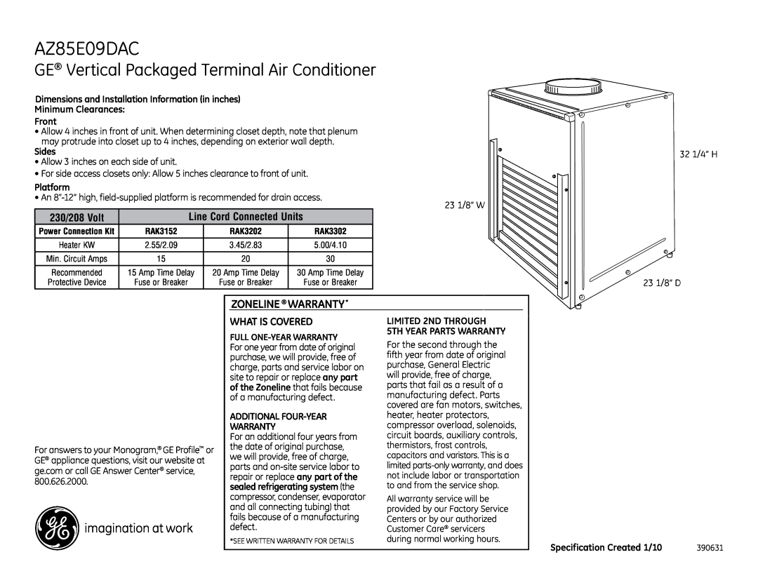 GE AZ85E09DAC warranty GE Vertical Packaged Terminal Air Conditioner, Zoneline Warranty, What Is Covered 