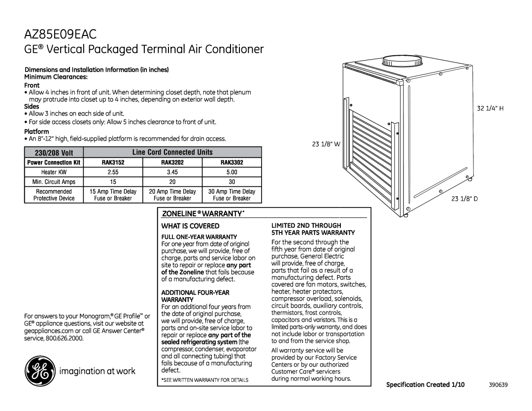 GE AZ85E09EAC warranty GE Vertical Packaged Terminal Air Conditioner, Zoneline Warranty, What Is Covered 