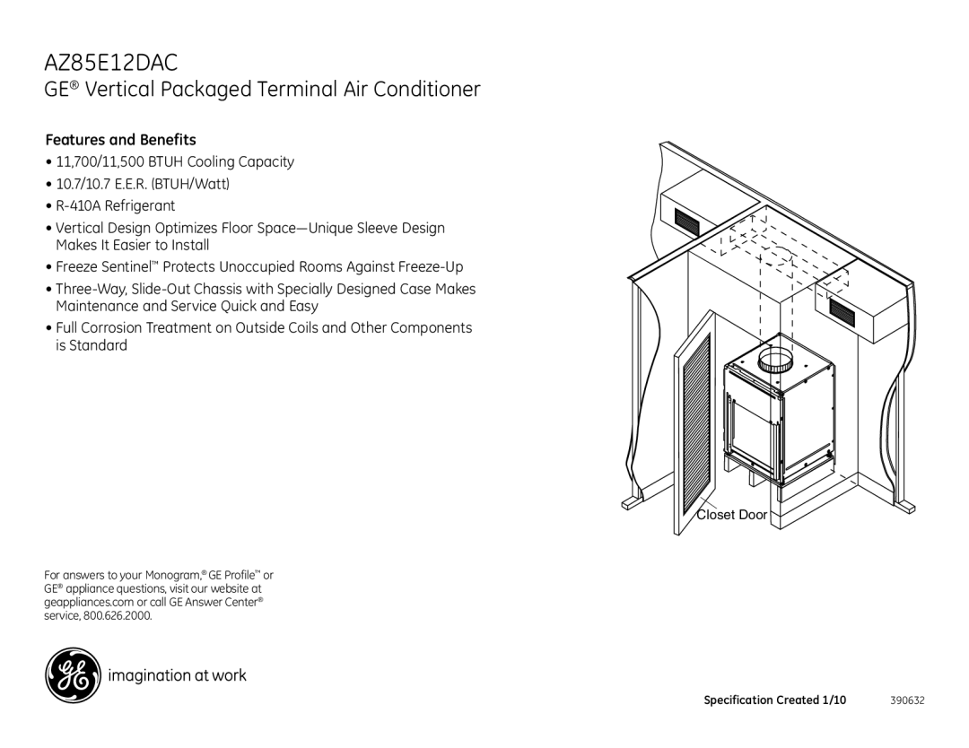 GE AZ85E12DAC warranty GE Vertical Packaged Terminal Air Conditioner 