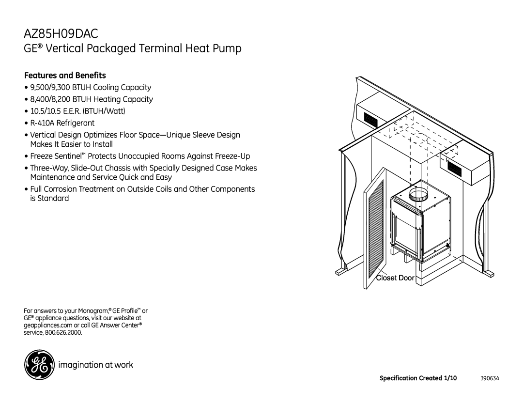 GE AZ85H09DAC warranty GE Vertical Packaged Terminal Heat Pump, Features and Benefits 