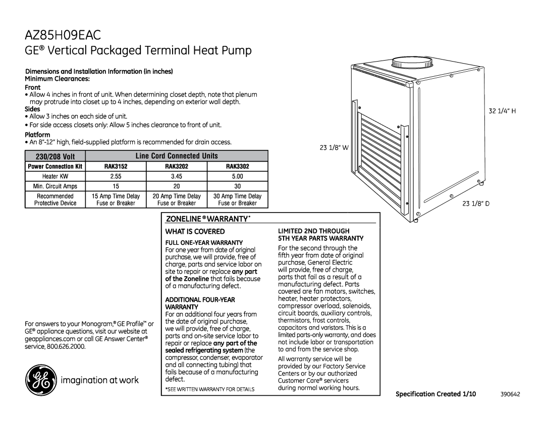 GE AZ85H09EAC warranty GE Vertical Packaged Terminal Heat Pump, Zoneline Warranty, What Is Covered 