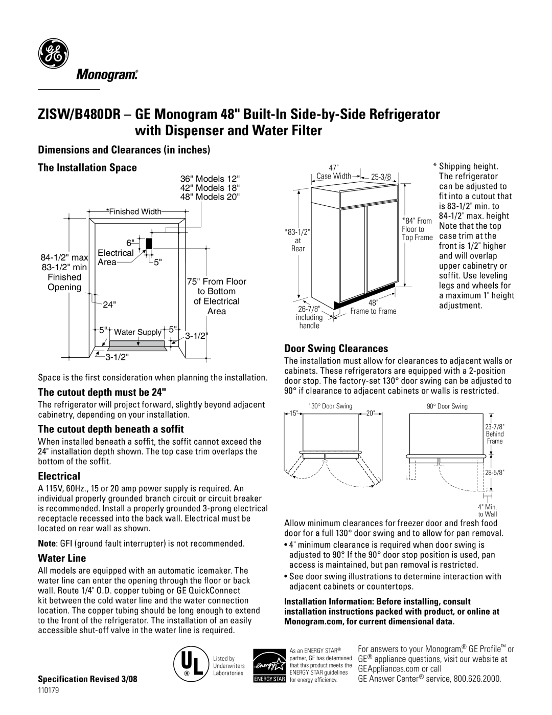 GE B480DR dimensions Dimensions and Clearances in inches The Installation Space, Cutout depth beneath a soffit, Electrical 