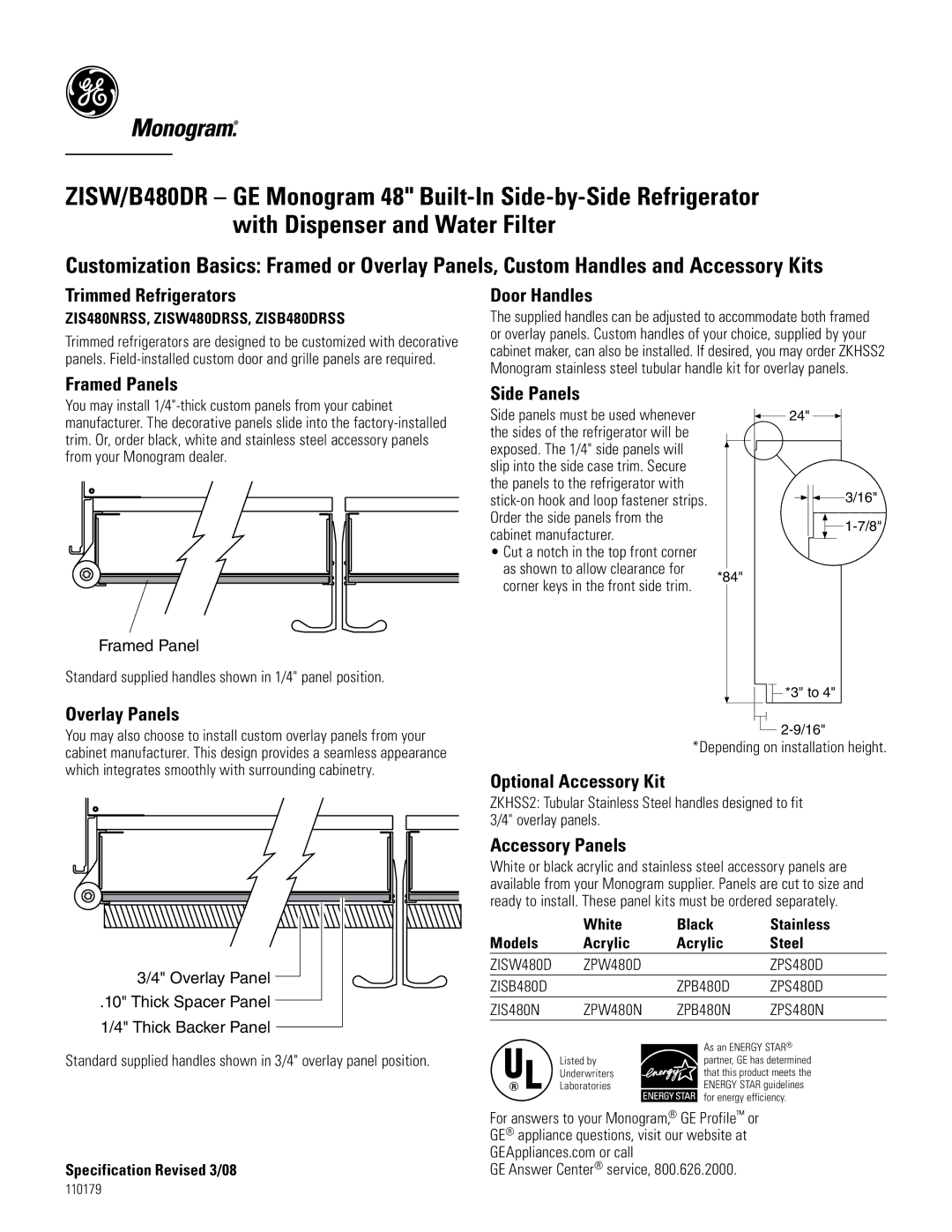 GE B480DR Trimmed Refrigerators, Framed Panels, Overlay Panels, Door Handles, Side Panels, Optional Accessory Kit 