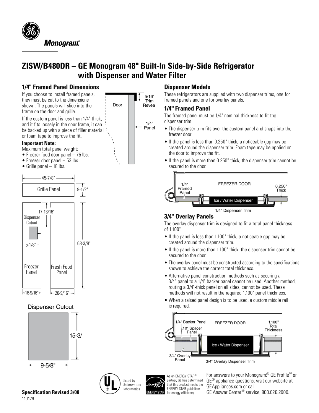 GE B480DR dimensions Framed Panel Dimensions, Dispenser Models, Dispenser Cutout, 15-3 