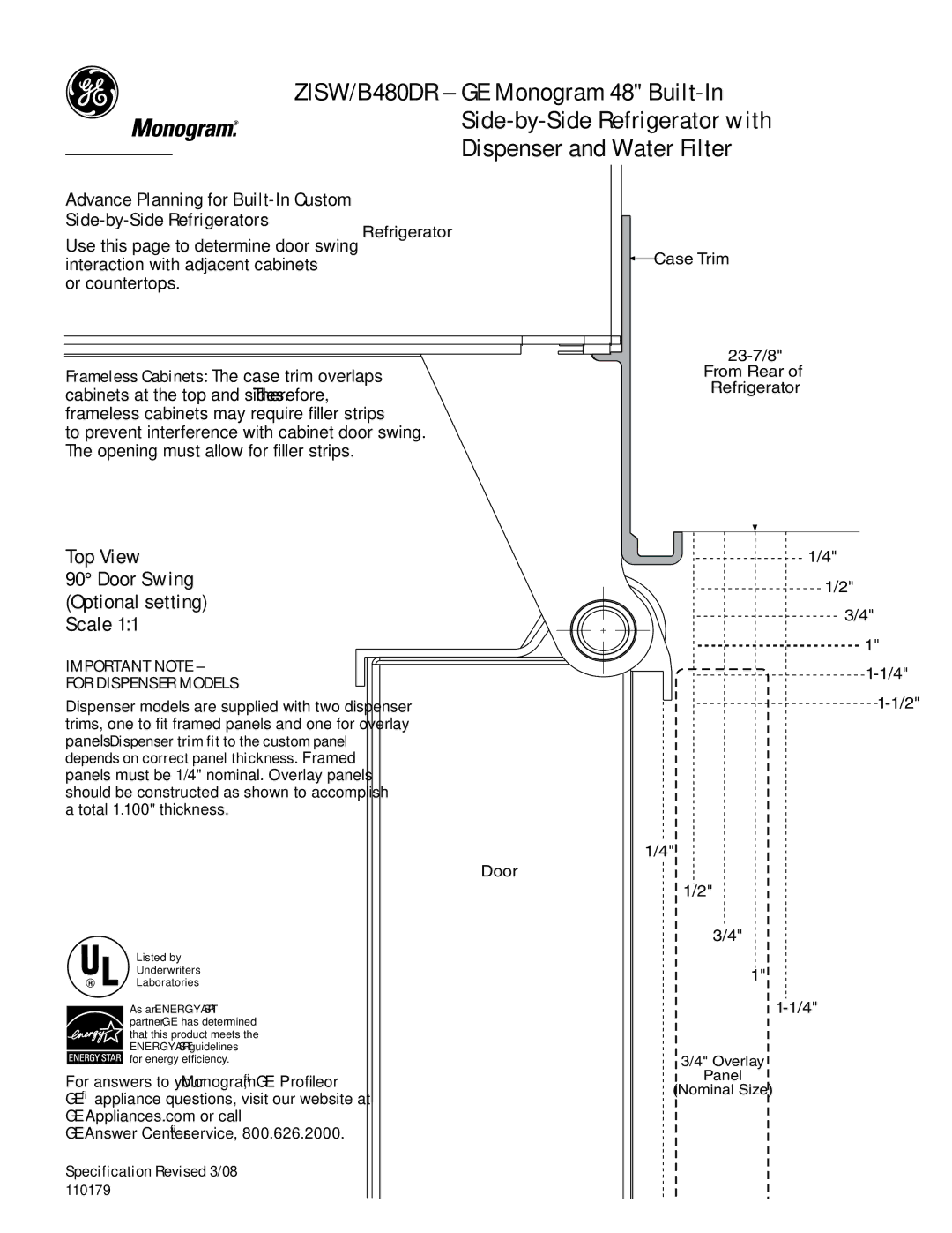 GE B480DR Or countertops, Door Swing Optional setting Scale, Refrigerator Case Trim, 23-7/8 From Rear of Refrigerator 