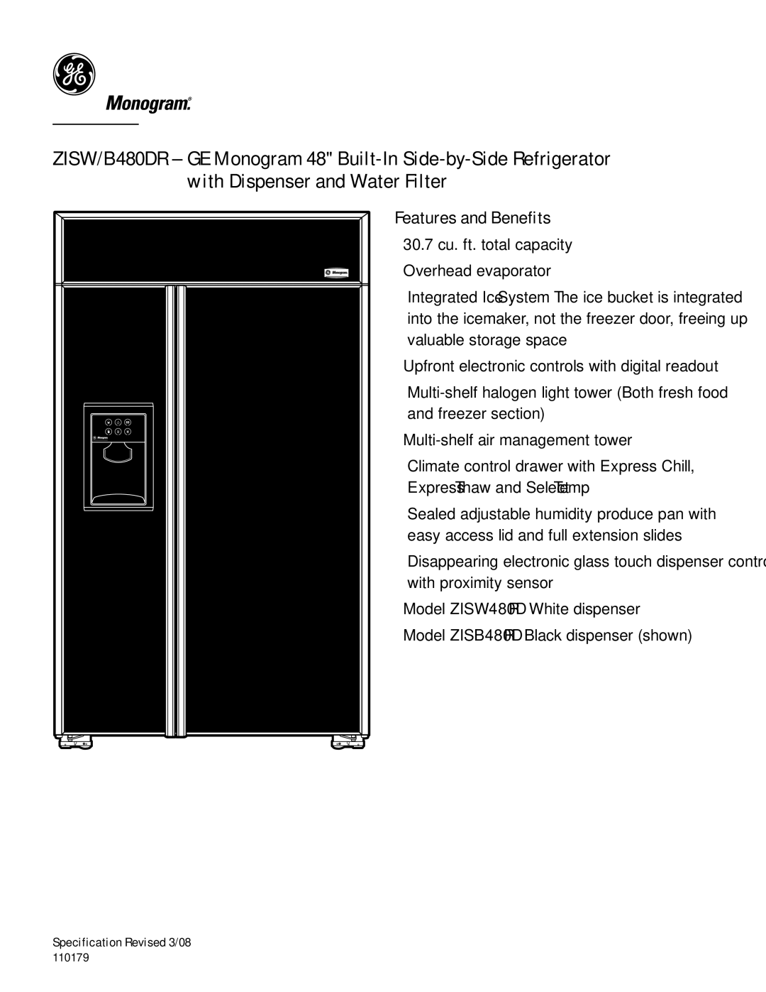 GE B480DR dimensions Features and Benefits 