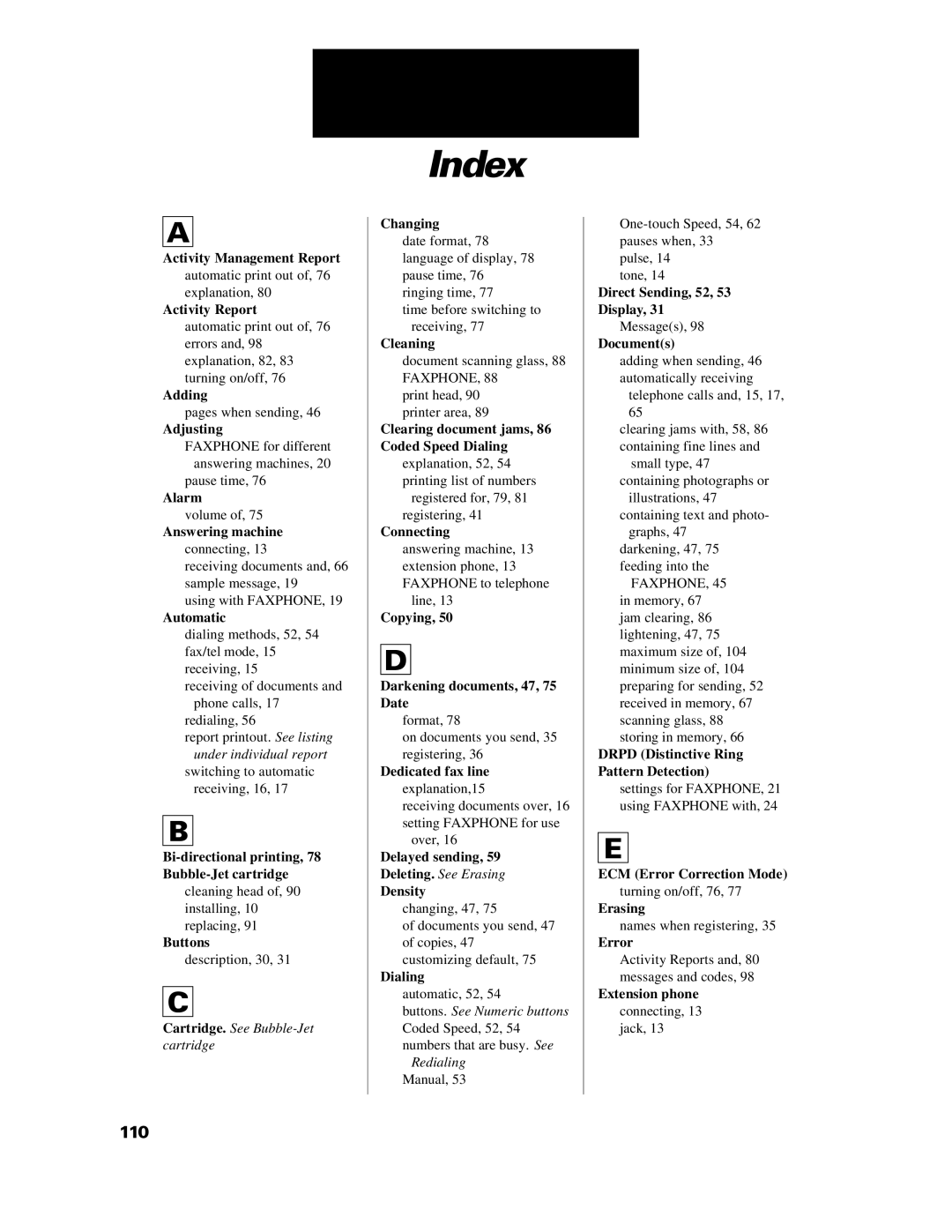 GE B640 manual Index, Automatic 