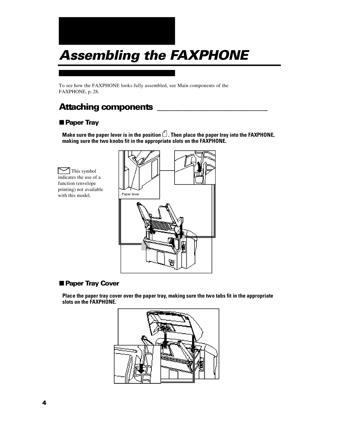 GE B640 manual Assembling the Faxphone, Attaching components, Paper Tray Cover 