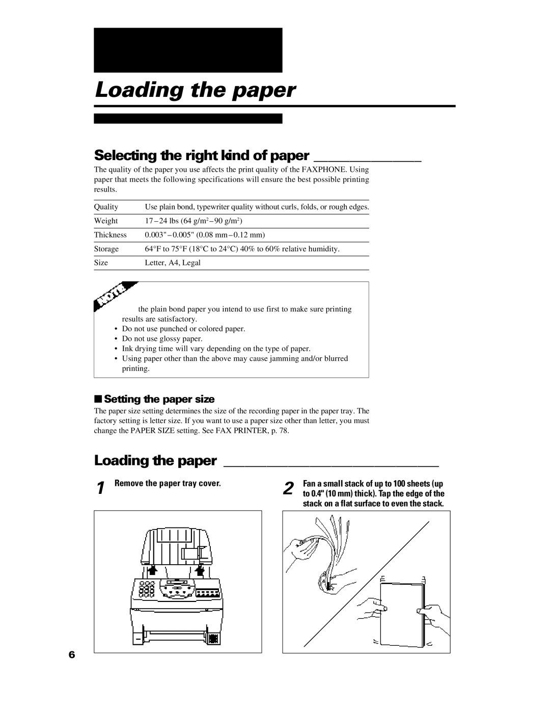 GE B640 manual Loading the paper, Selecting the right kind of paper, Setting the paper size 