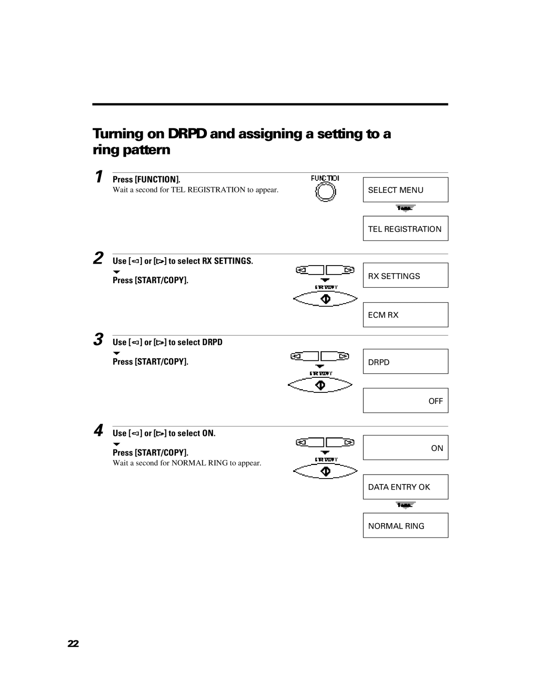 GE B640 manual Turning on Drpd and assigning a setting to a ring pattern, Use or to select RX Settings Press START/COPY 