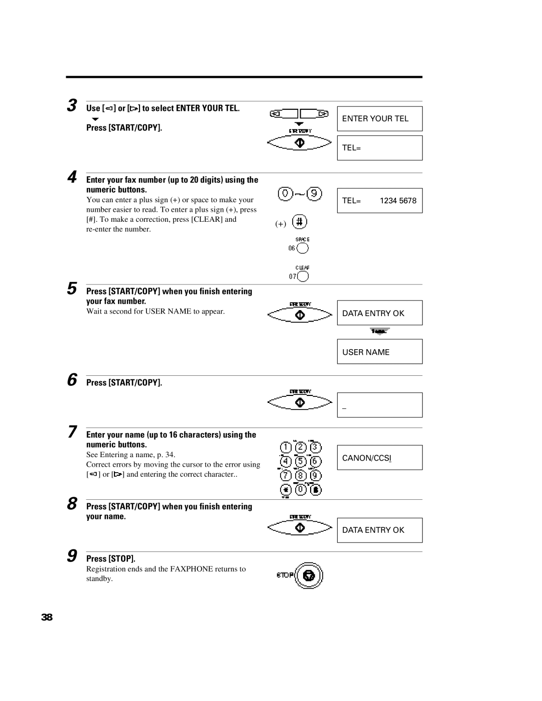 GE B640 manual Use or to select Enter Your TEL, Numeric buttons, Press START/COPY when you finish entering your fax number 