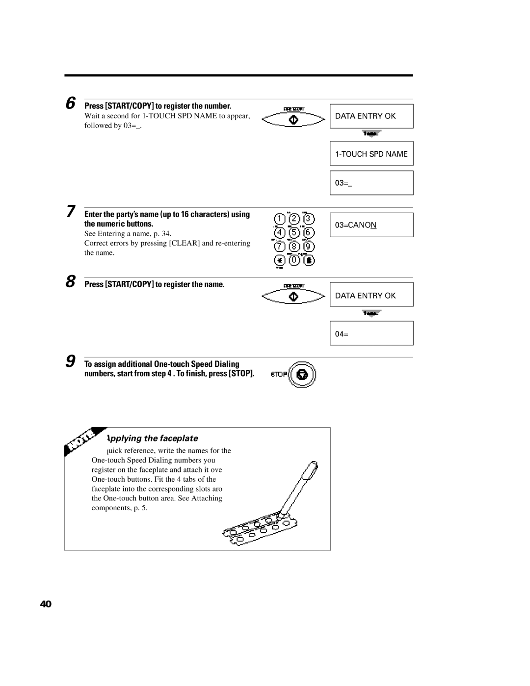 GE B640 manual Press START/COPY to register the number, Press START/COPY to register the name 