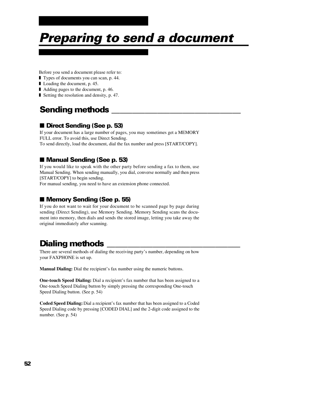 GE B640 manual Preparing to send a document, Sending methods, Dialing methods 