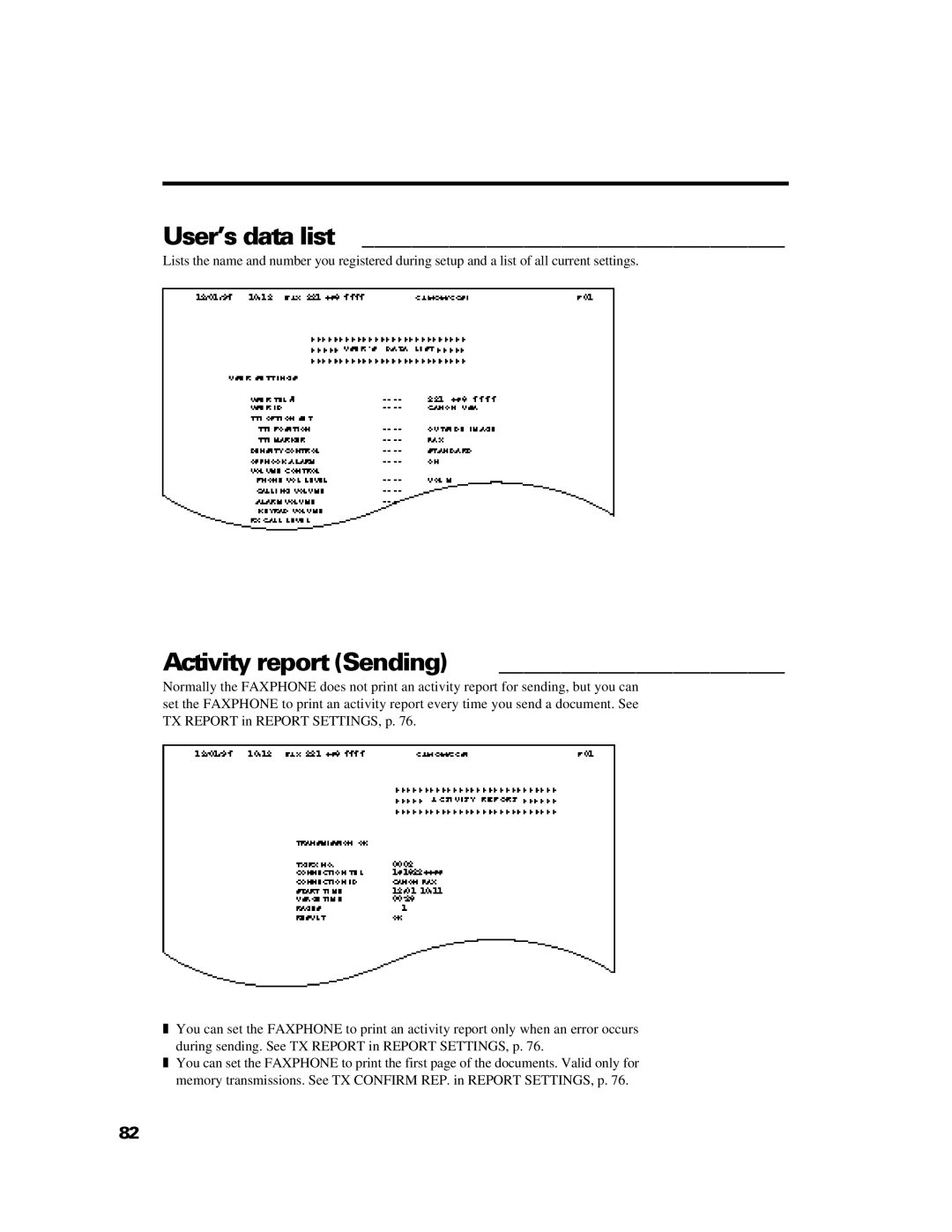 GE B640 manual User’s data list, Activity report Sending 