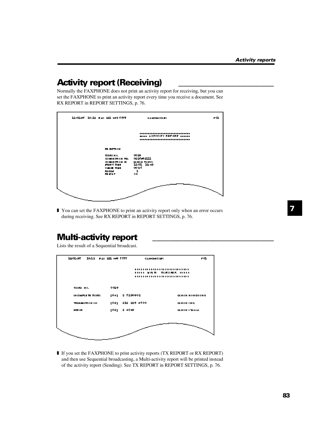 GE B640 manual Activity report Receiving, Multi-activity report 