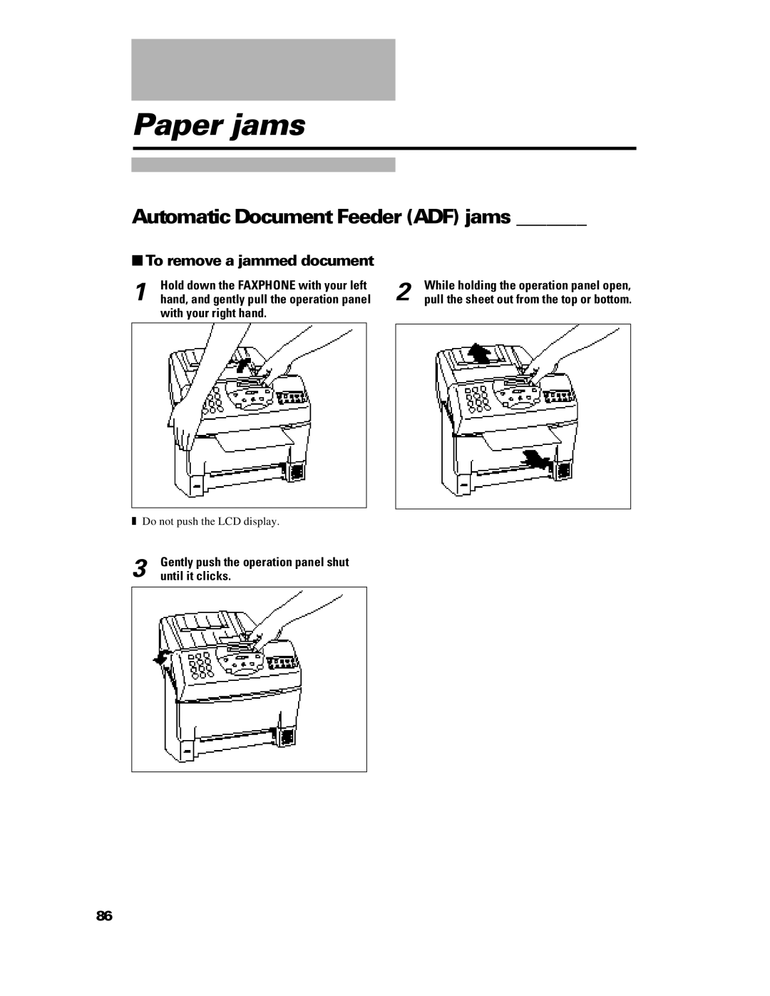 GE B640 manual Paper jams, Automatic Document Feeder ADF jams, To remove a jammed document 