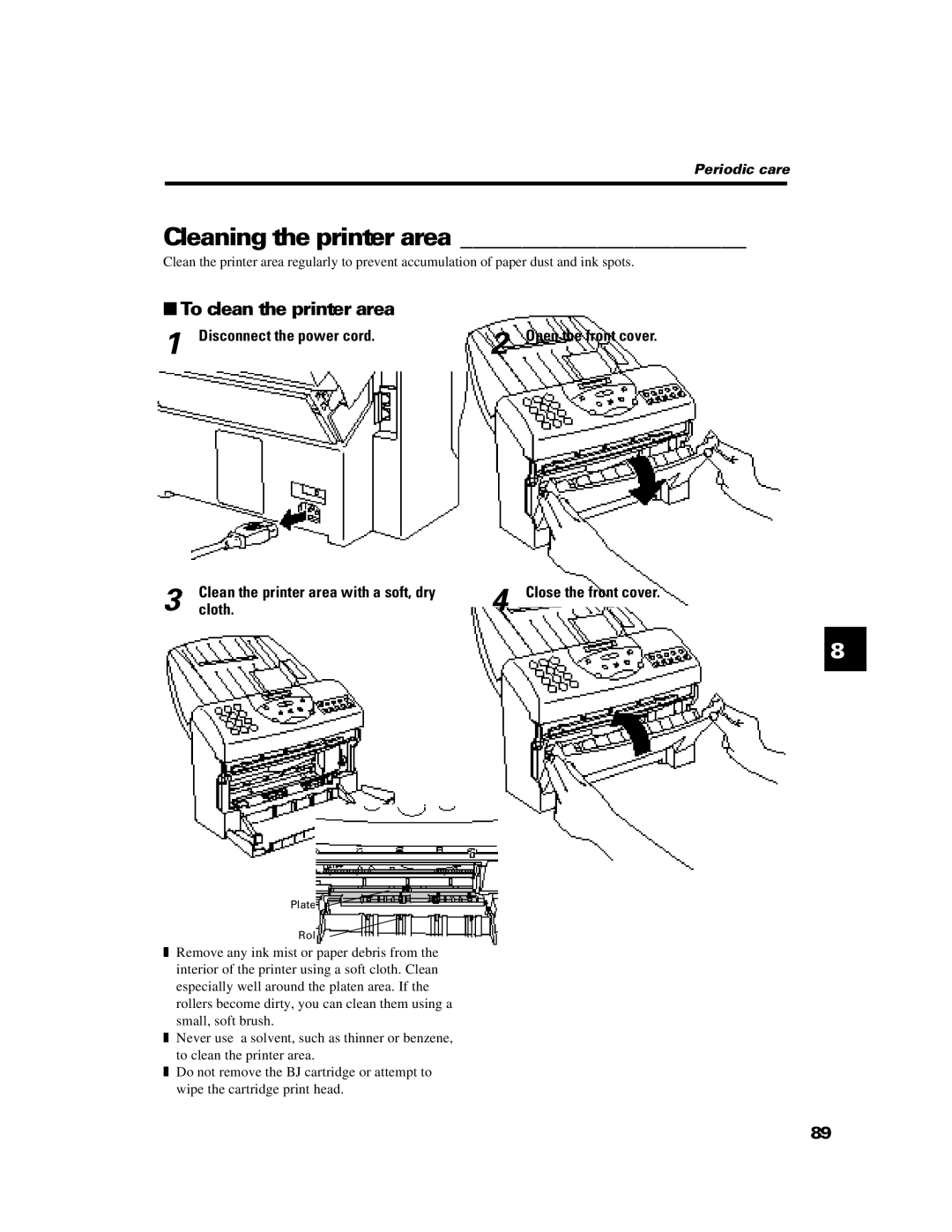 GE B640 manual Cleaning the printer area, To clean the printer area, Open the front cover Close the front cover 