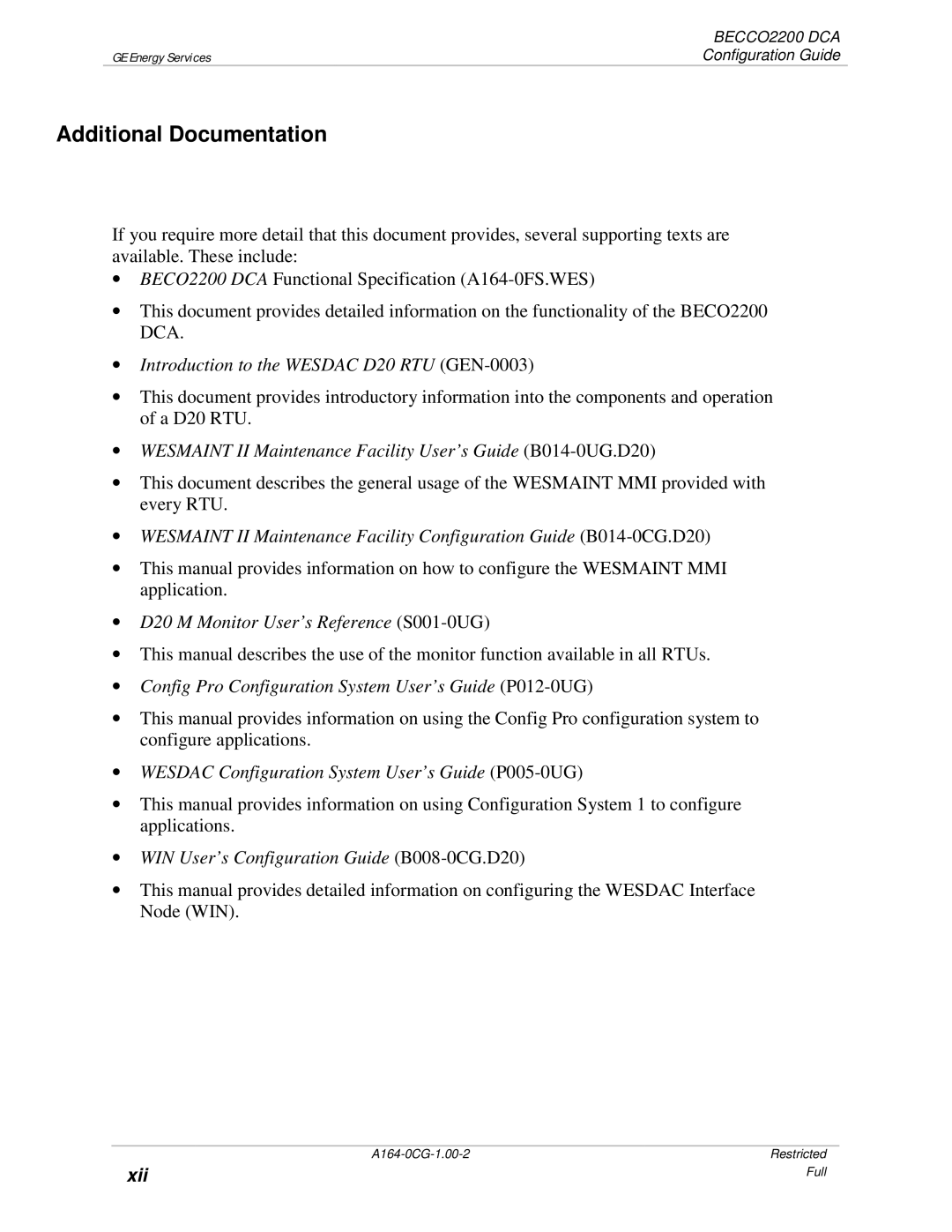 GE BECCO2200 manual Additional Documentation, Introduction to the Wesdac D20 RTU GEN-0003 