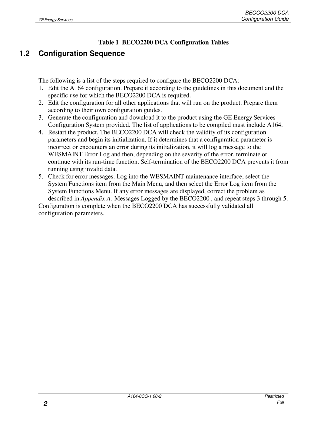 GE BECCO2200 manual Configuration Sequence 