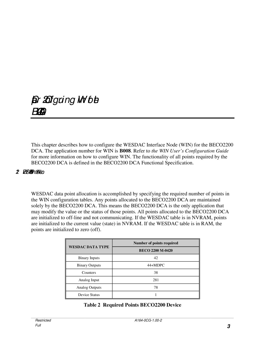 GE BECCO2200 manual Configuring Win for the BECO2200 DCA, Wesdac Point Allocation 