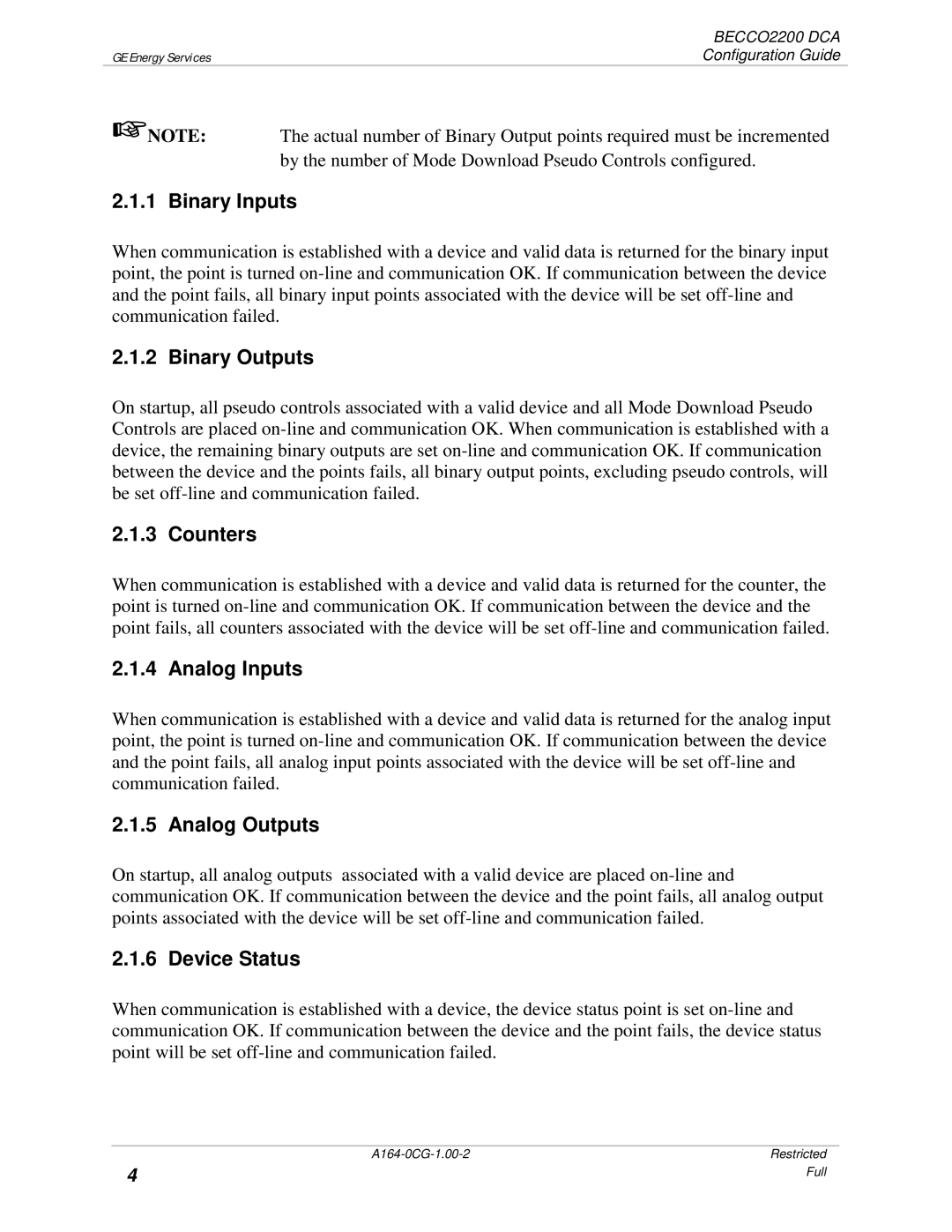 GE BECCO2200 manual Binary Inputs, Binary Outputs, Counters, Analog Inputs, Analog Outputs, Device Status 
