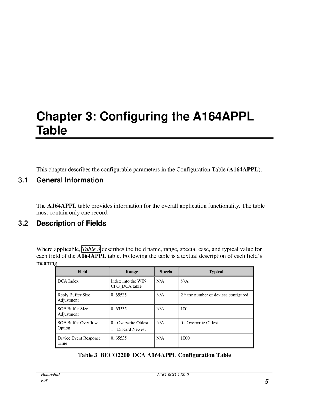 GE BECCO2200 manual Configuring the A164APPL Table, General Information, Description of Fields 