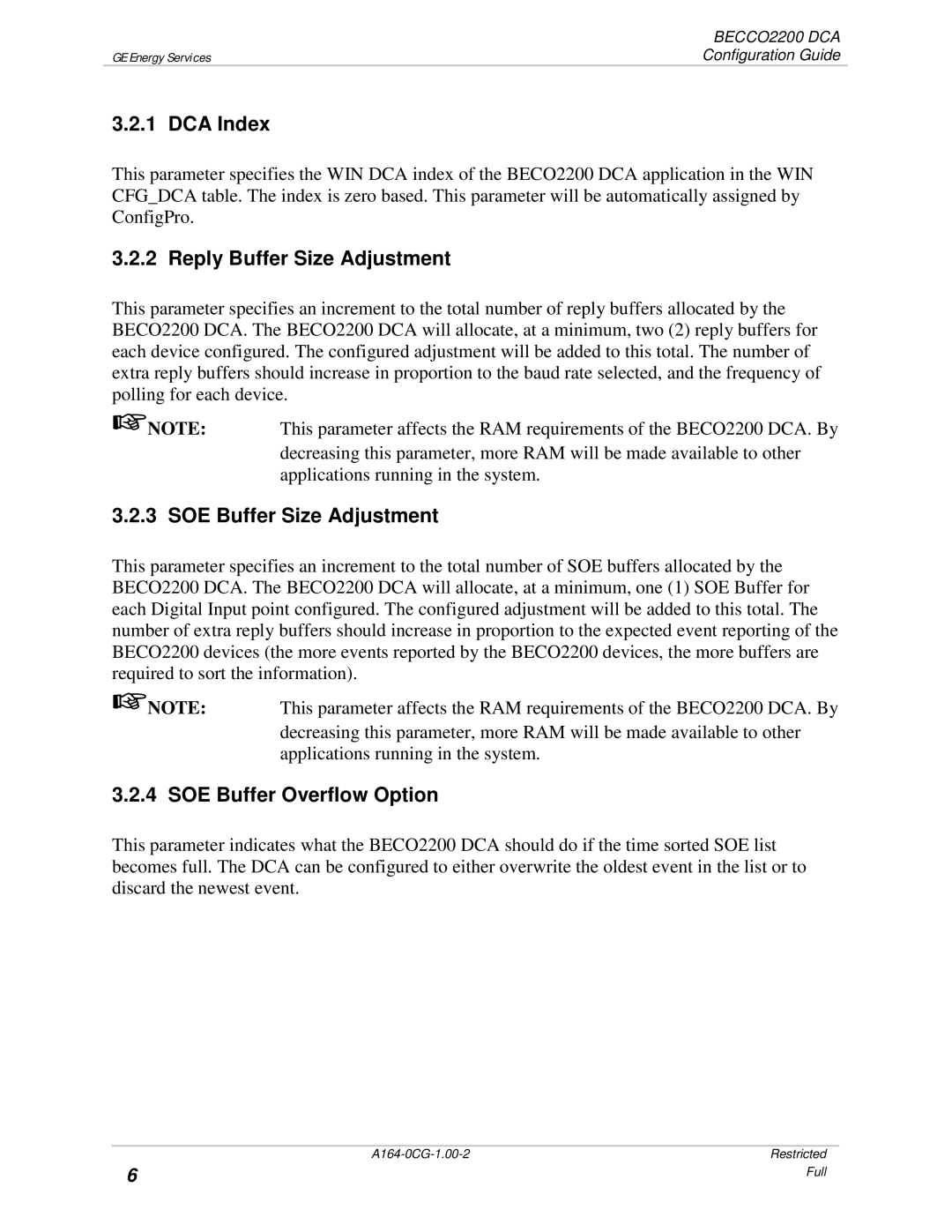 GE BECCO2200 manual DCA Index, Reply Buffer Size Adjustment, SOE Buffer Size Adjustment, SOE Buffer Overflow Option 