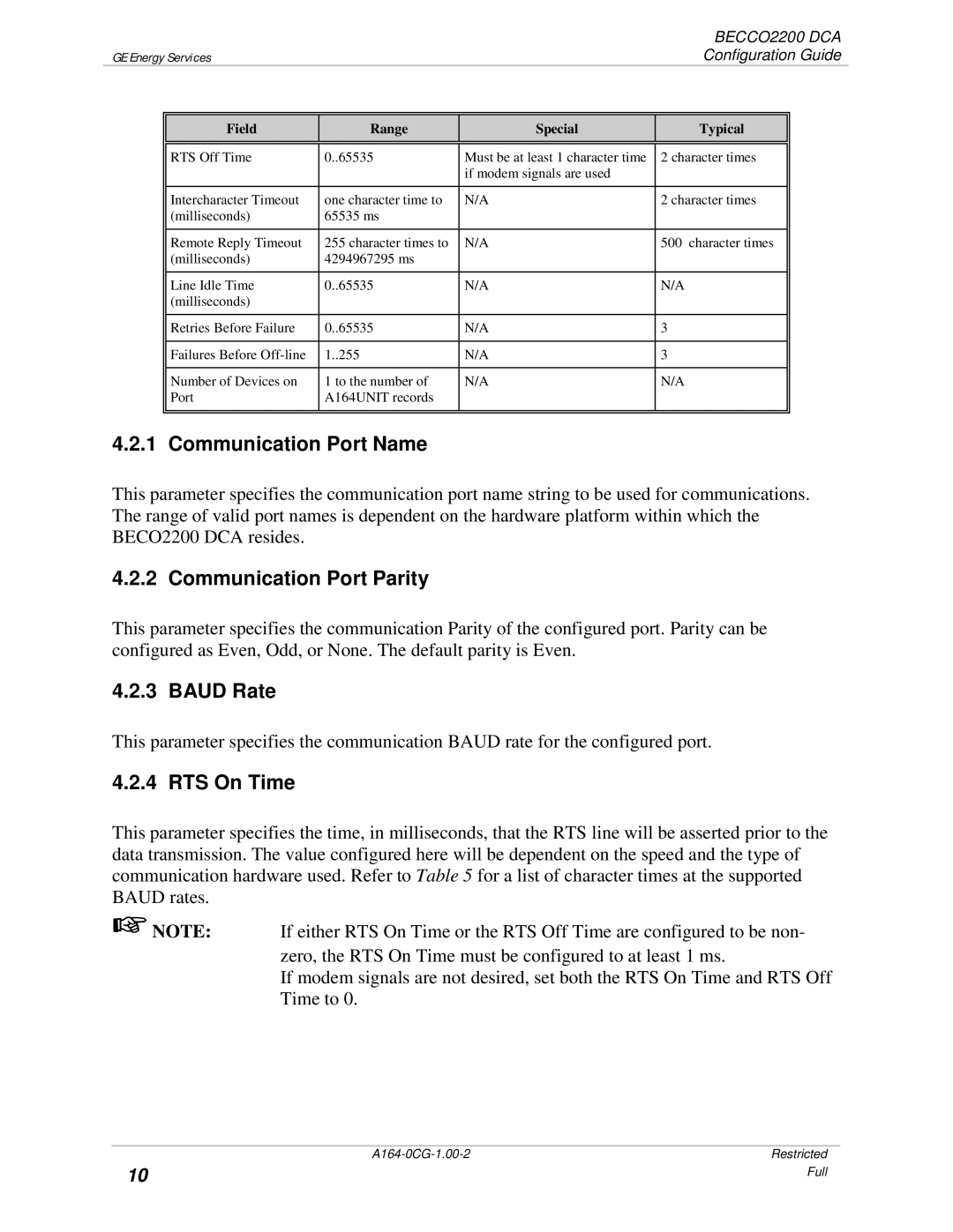 GE BECCO2200 manual Communication Port Name, Communication Port Parity, Baud Rate, RTS On Time 