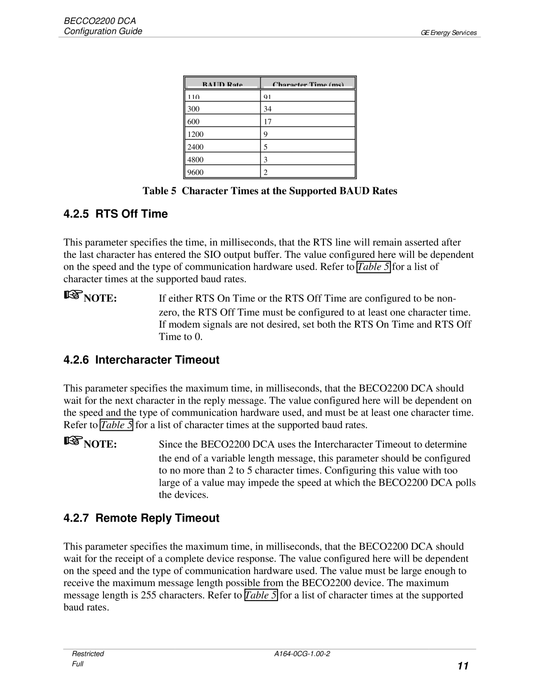GE BECCO2200 manual RTS Off Time, Intercharacter Timeout, Remote Reply Timeout 