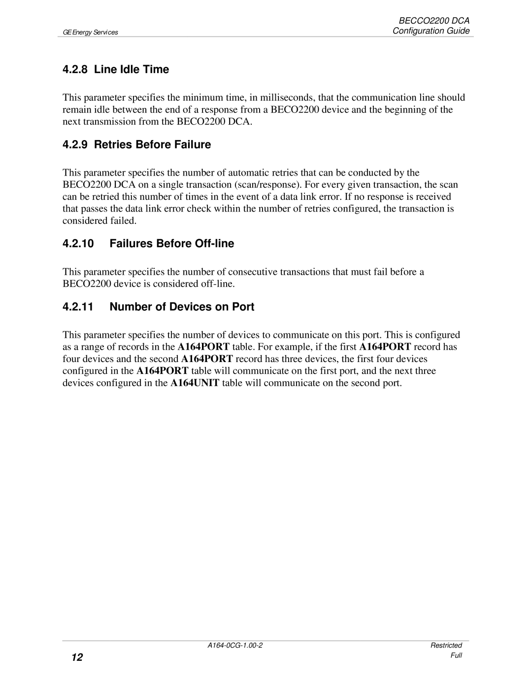 GE BECCO2200 manual Line Idle Time, Retries Before Failure, Failures Before Off-line, Number of Devices on Port 