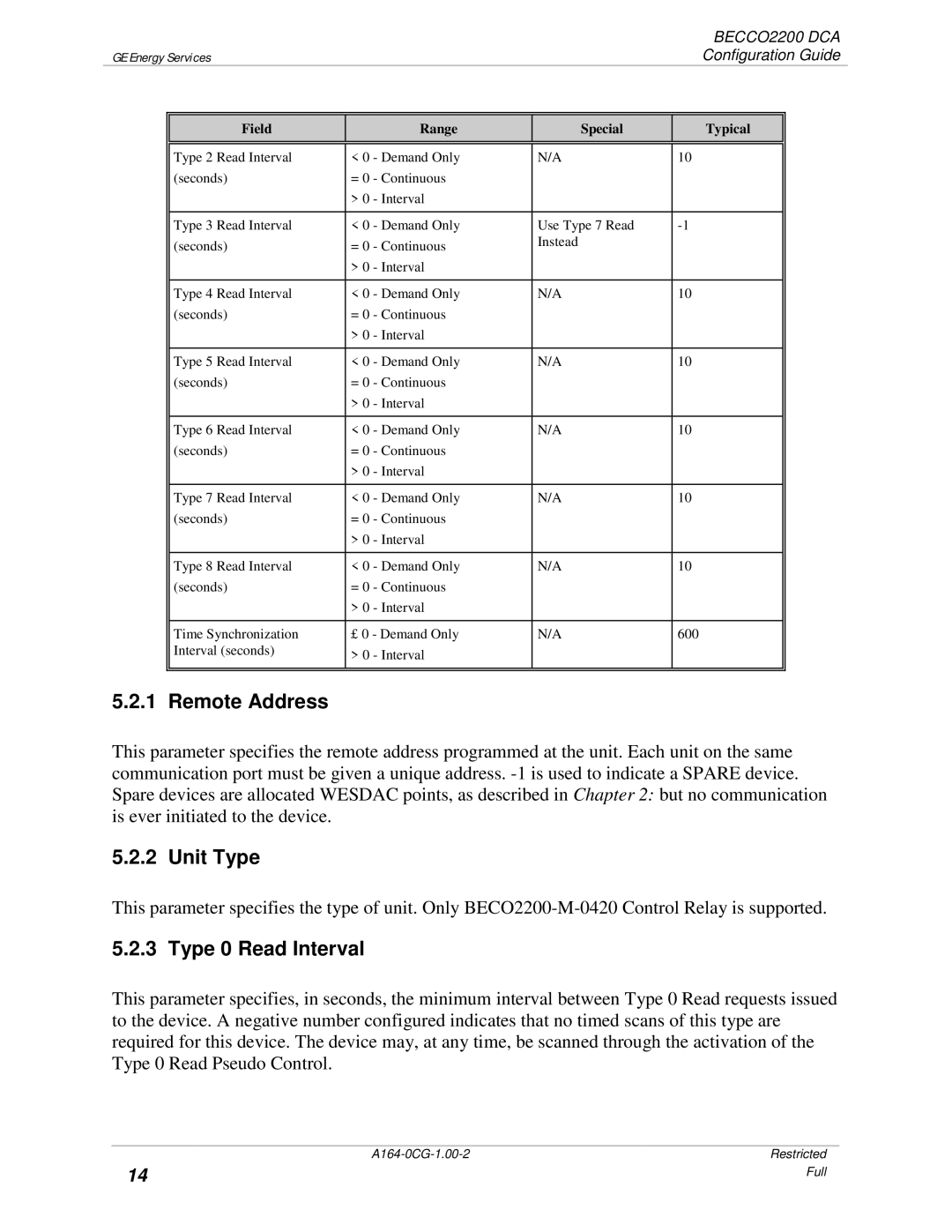 GE BECCO2200 manual Remote Address, Unit Type, Type 0 Read Interval 