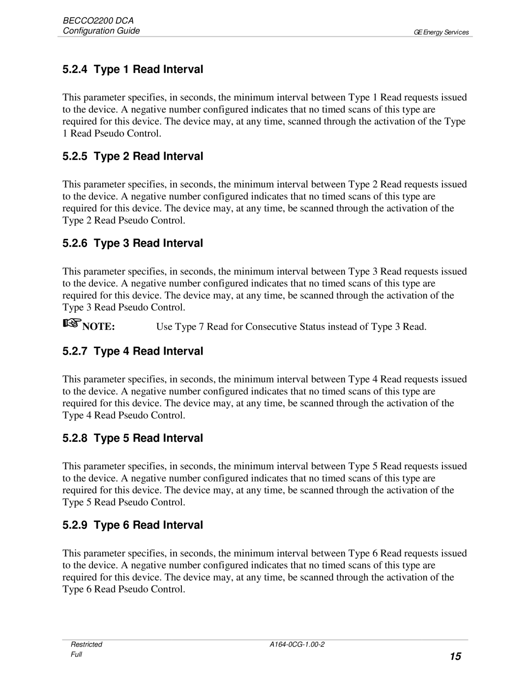 GE BECCO2200 Type 1 Read Interval, Type 2 Read Interval, Type 3 Read Interval, Type 4 Read Interval, Type 5 Read Interval 