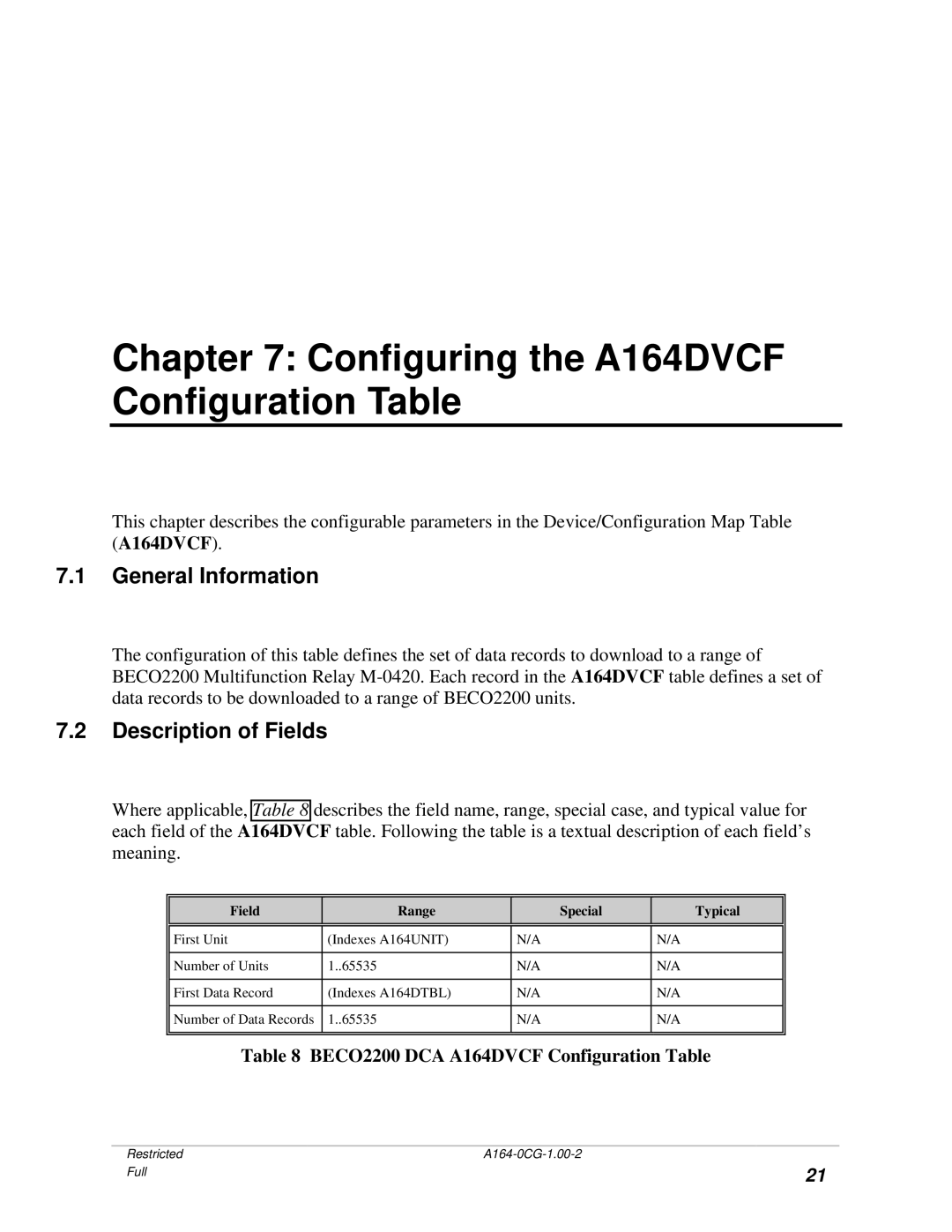 GE BECCO2200 manual Configuring the A164DVCF Configuration Table, General Information 