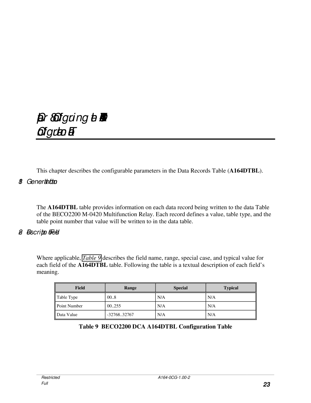 GE BECCO2200 manual Configuring the A164DTBL Configuration Table 