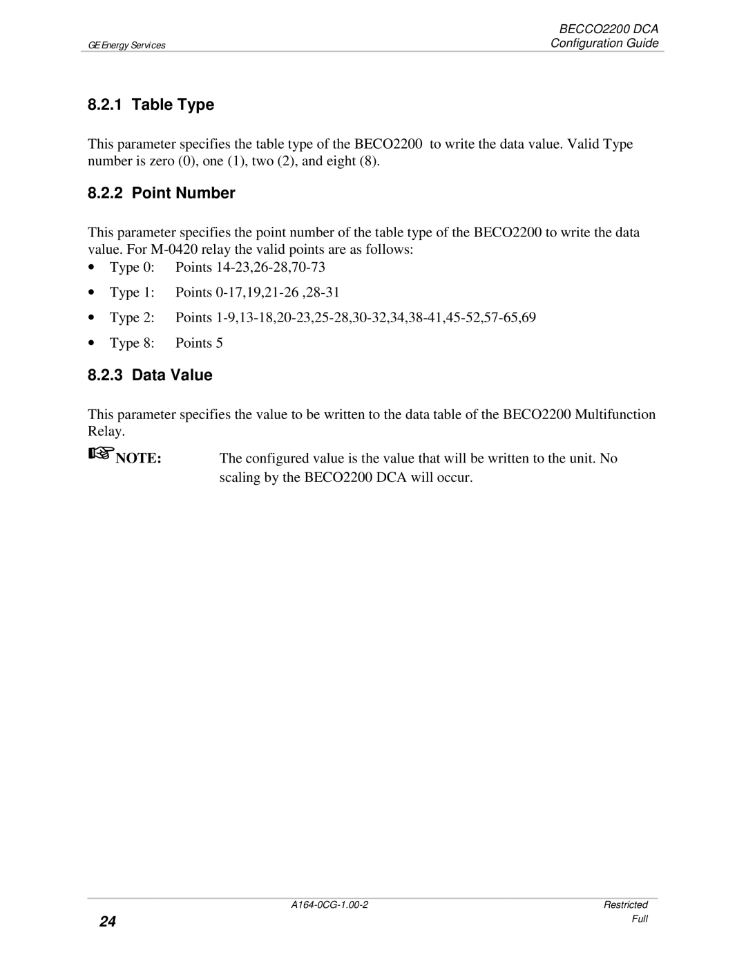 GE BECCO2200 manual Table Type, Point Number, Data Value 