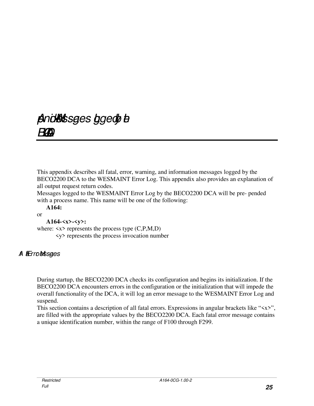 GE BECCO2200 manual Appendix AMessages Logged by the BECO2200 DCA, Fatal Error Messages 