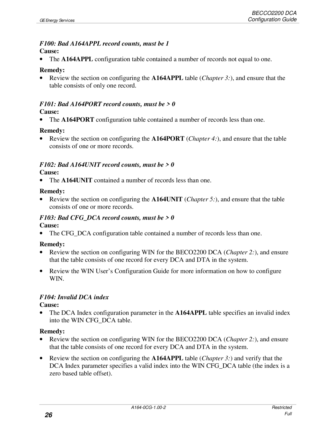 GE BECCO2200 F100 Bad A164APPL record counts, must be, F101 Bad A164PORT record counts, must be, F104 Invalid DCA index 