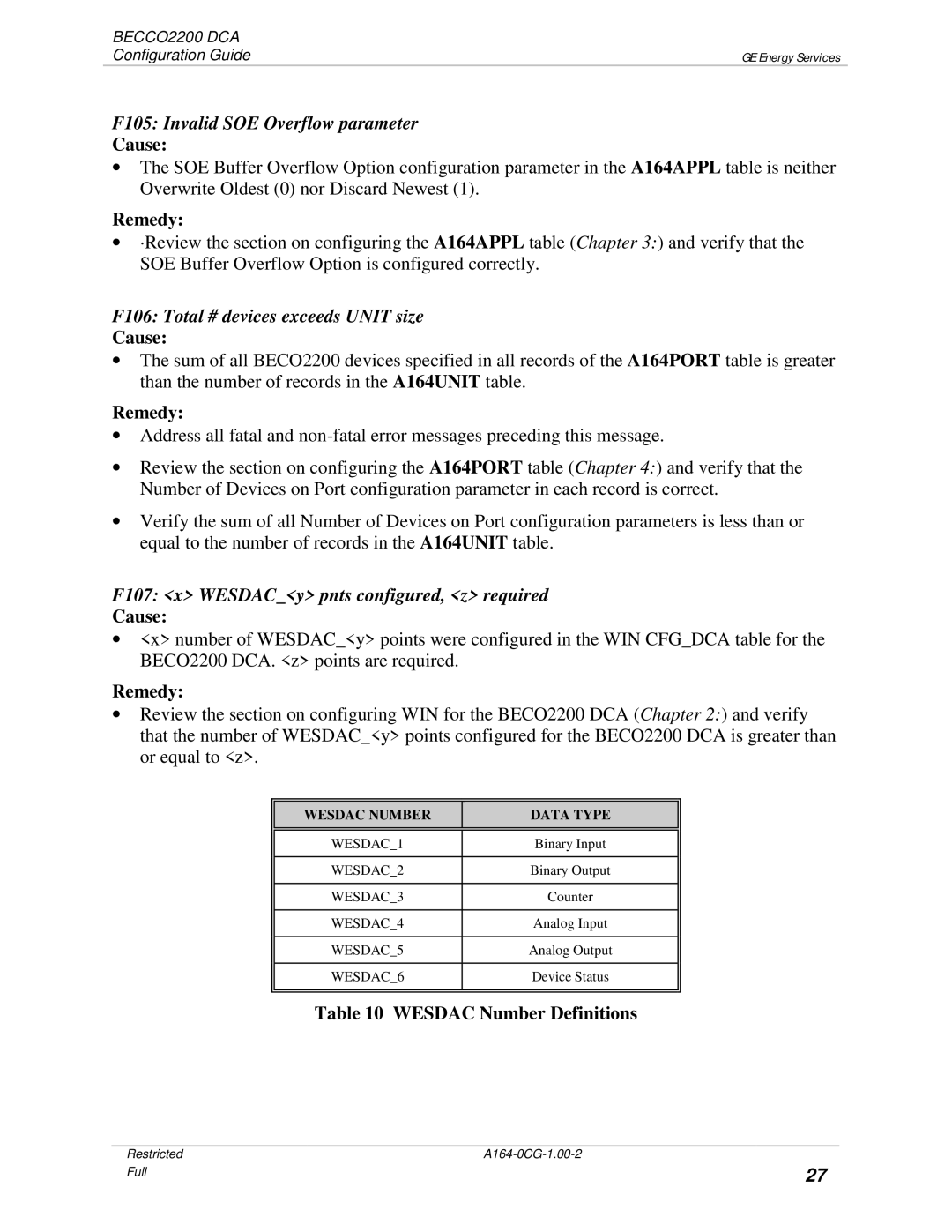 GE BECCO2200 manual F105 Invalid SOE Overflow parameter, F106 Total # devices exceeds Unit size 