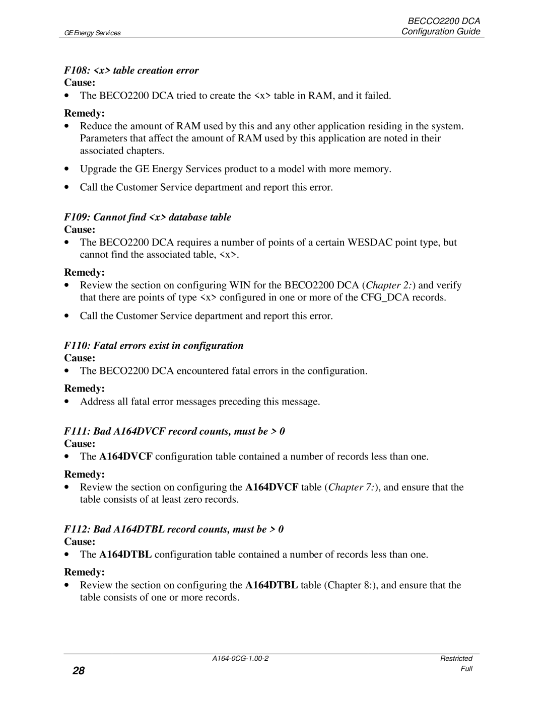 GE BECCO2200 F108 x table creation error, F109 Cannot find x database table, F110 Fatal errors exist in configuration 
