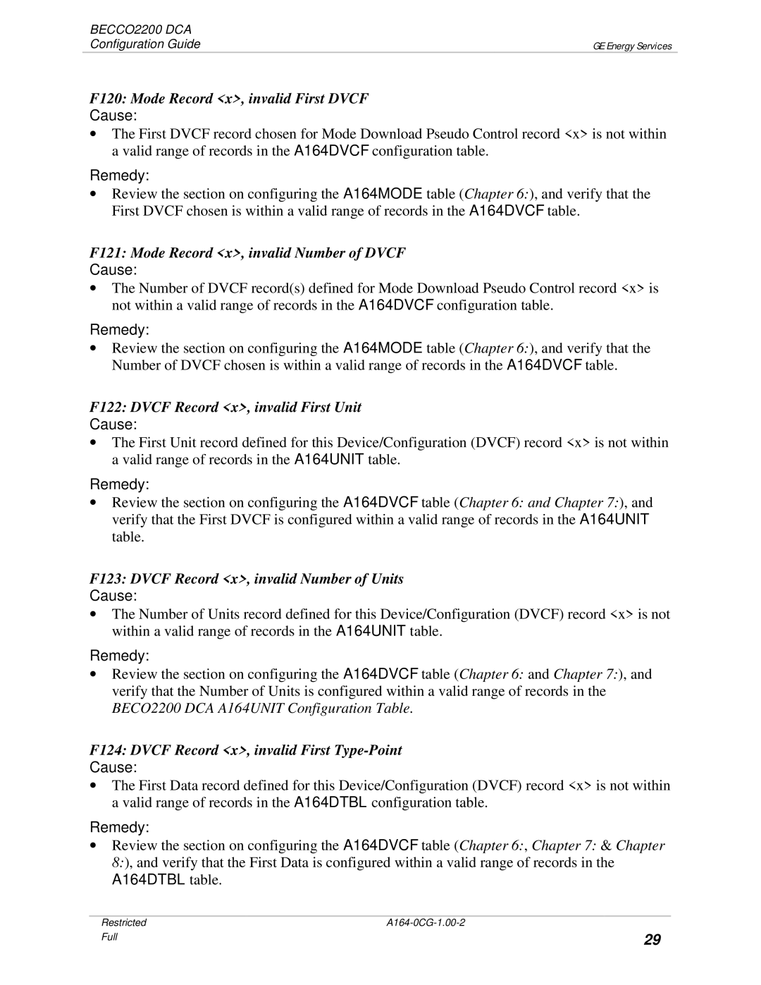 GE BECCO2200 manual F120 Mode Record x, invalid First Dvcf, F121 Mode Record x, invalid Number of Dvcf 