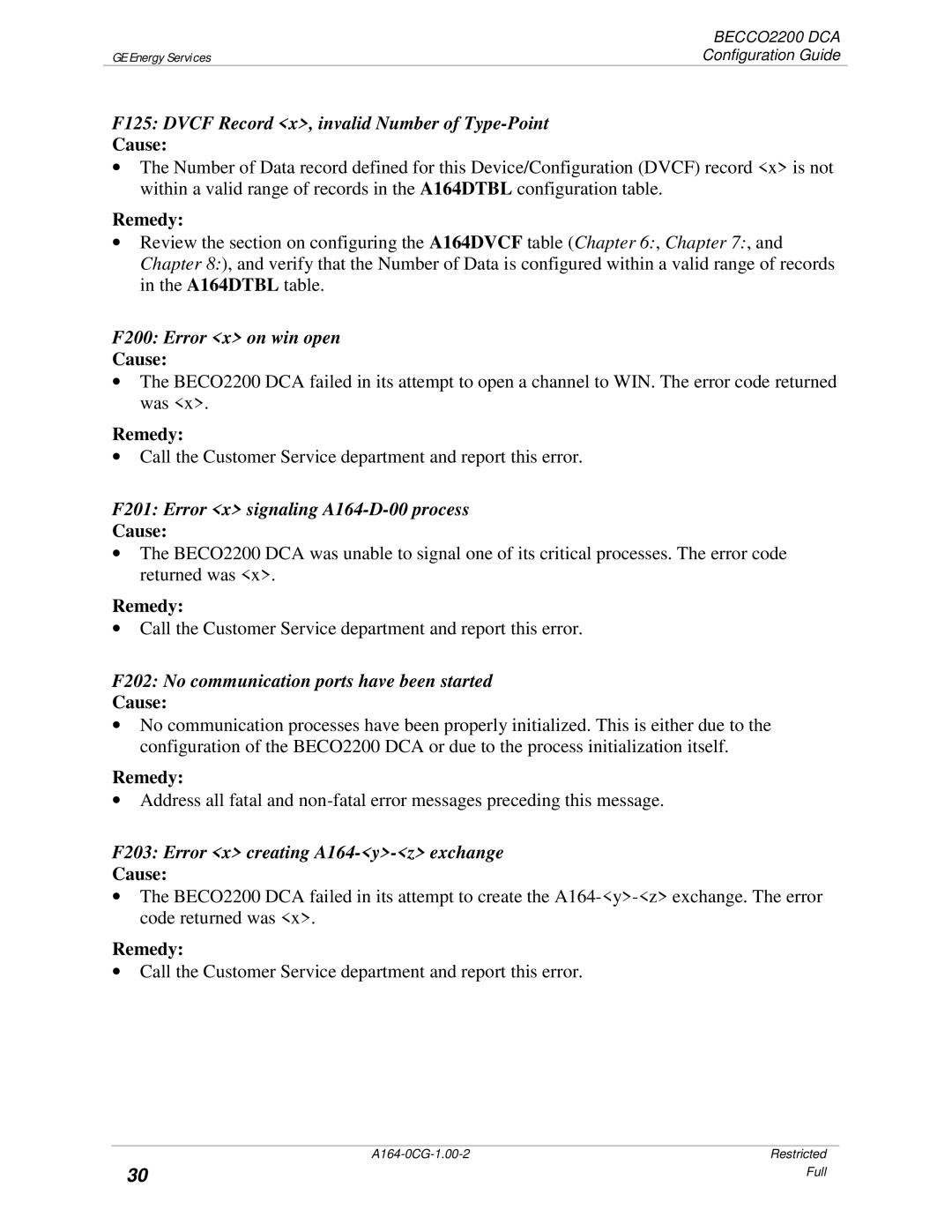 GE BECCO2200 manual F125 Dvcf Record x, invalid Number of Type-Point, F200 Error x on win open 