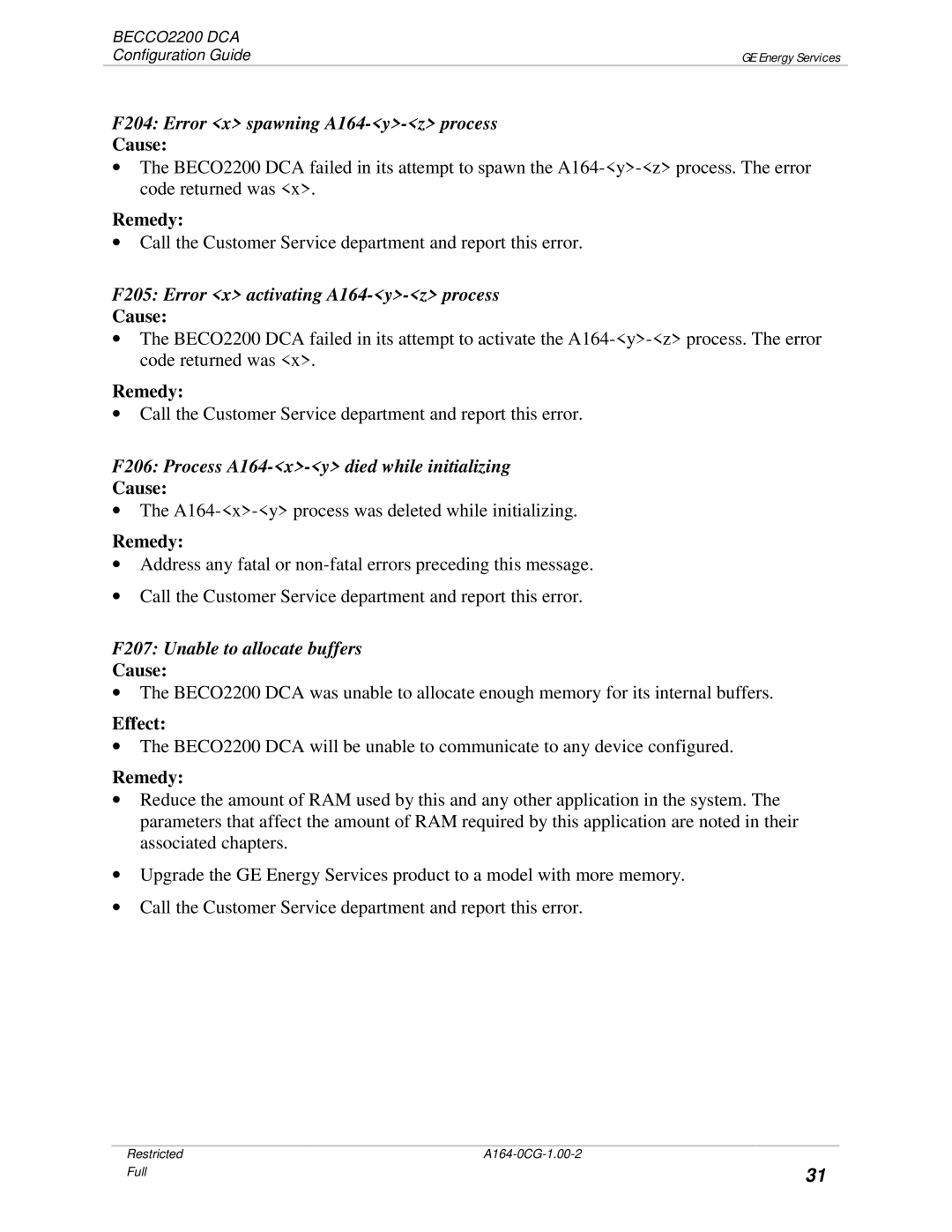 GE BECCO2200 manual F204 Error x spawning A164-y-z process, F205 Error x activating A164-y-z process 