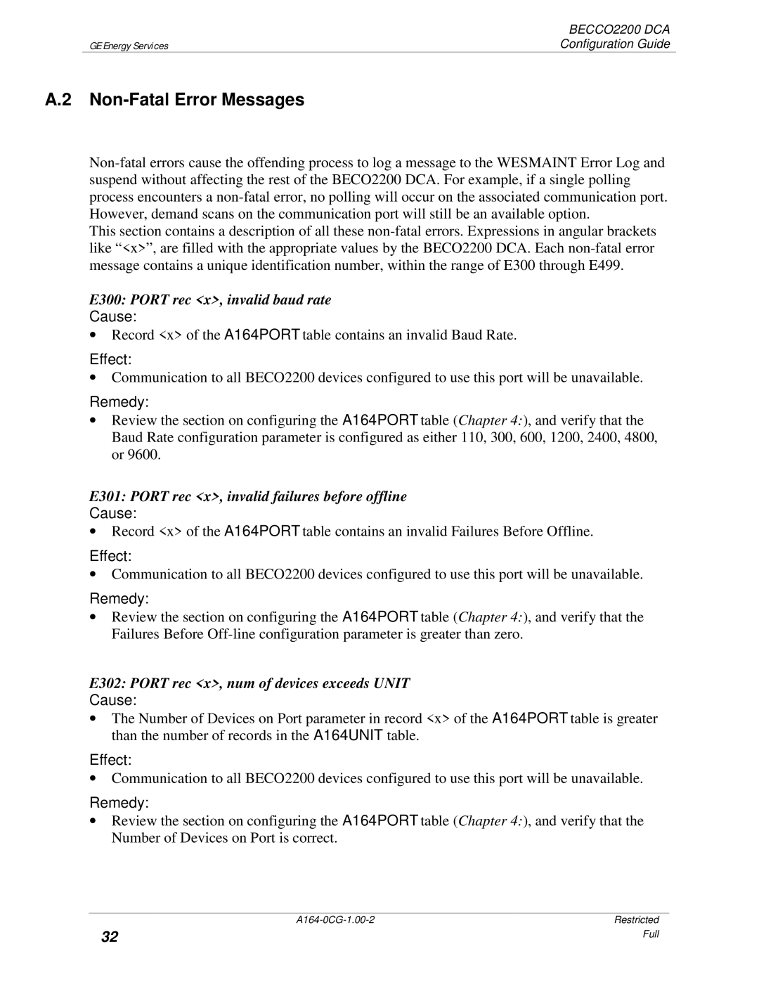 GE BECCO2200 Non-Fatal Error Messages, E300 Port rec x, invalid baud rate, E302 Port rec x, num of devices exceeds Unit 