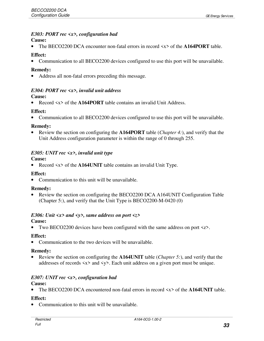 GE BECCO2200 E303 Port rec x, configuration bad, E304 Port rec x, invalid unit address, E305 Unit rec x, invalid unit type 