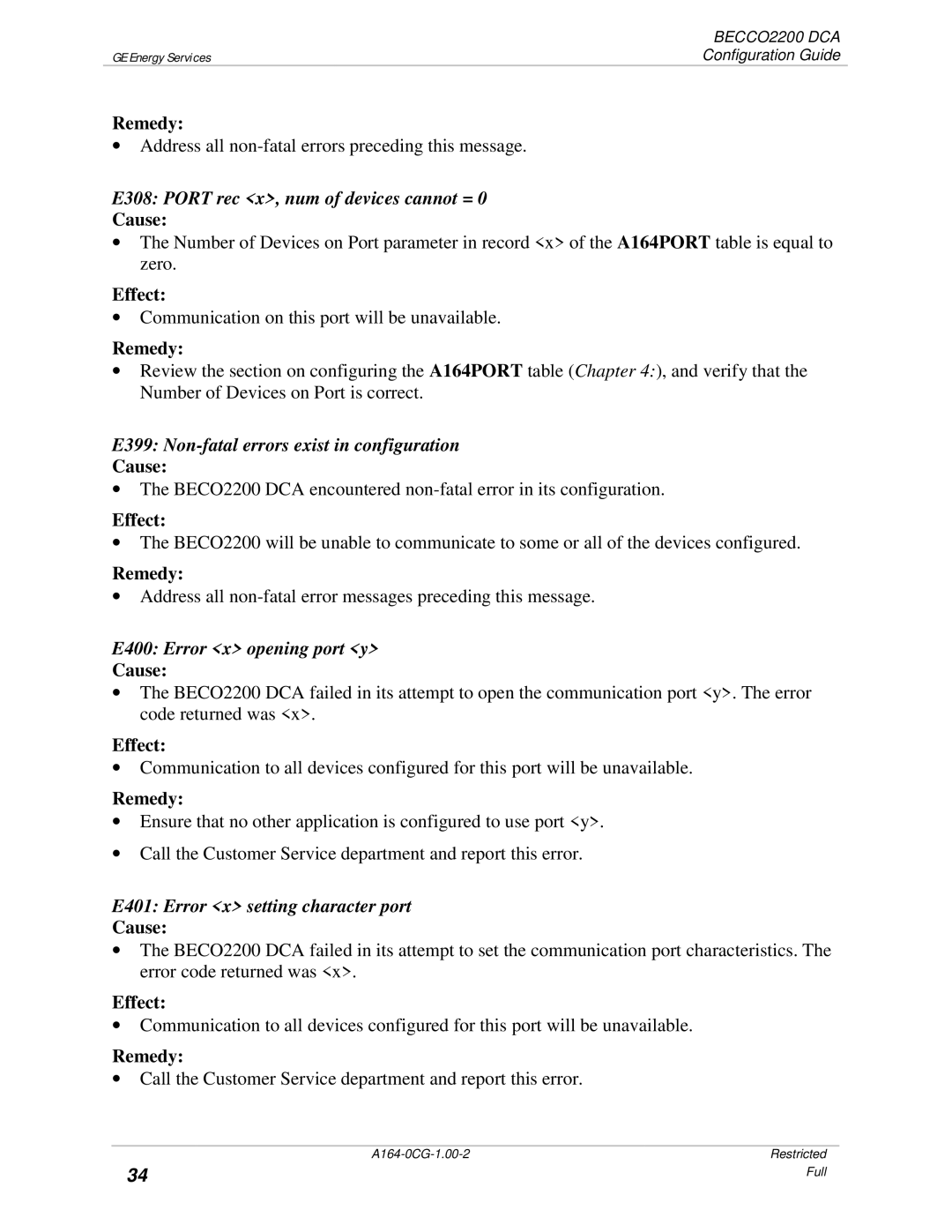 GE BECCO2200 manual E308 Port rec x, num of devices cannot =, E399 Non-fatal errors exist in configuration 