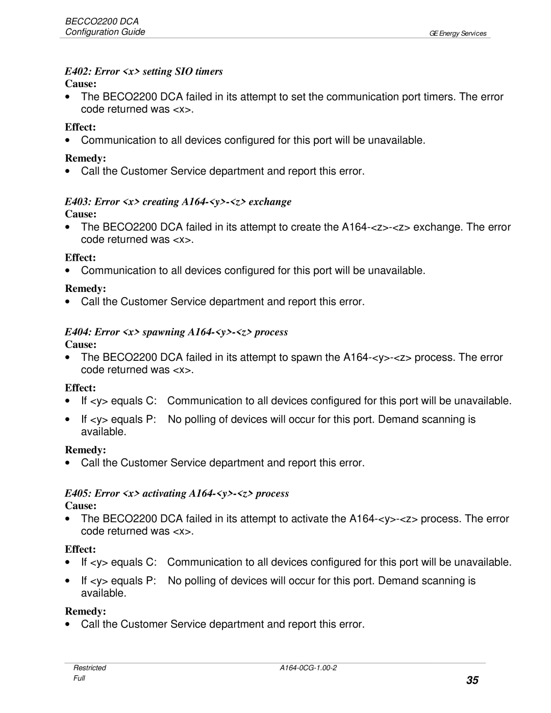 GE BECCO2200 manual E402 Error x setting SIO timers, E403 Error x creating A164-y-z exchange 