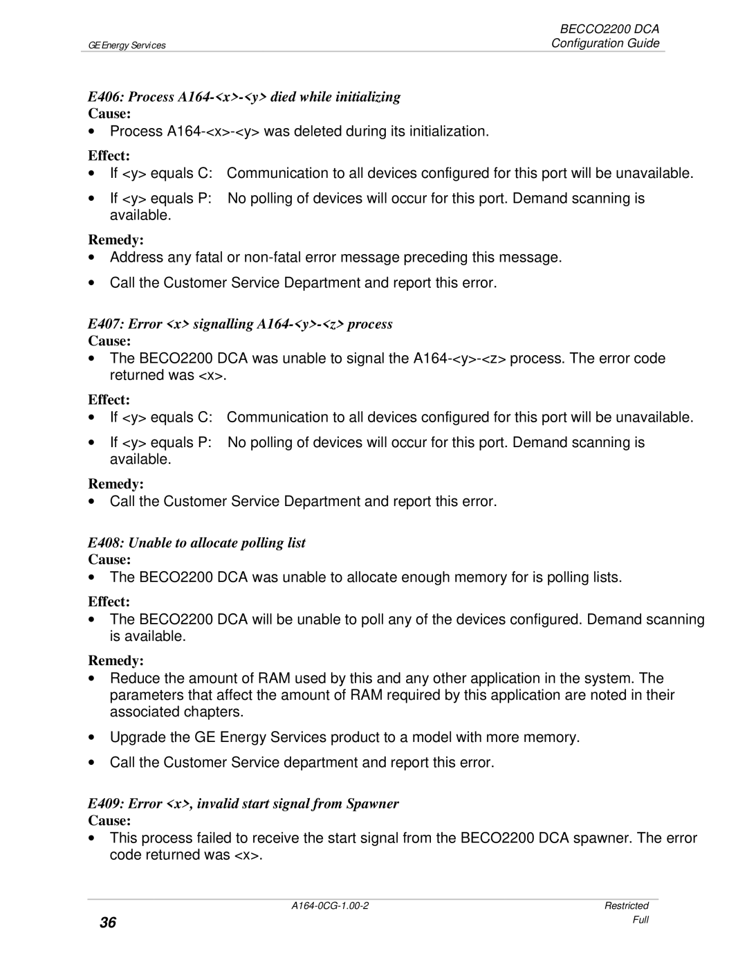 GE BECCO2200 manual E406 Process A164-x-y died while initializing, E407 Error x signalling A164-y-z process 