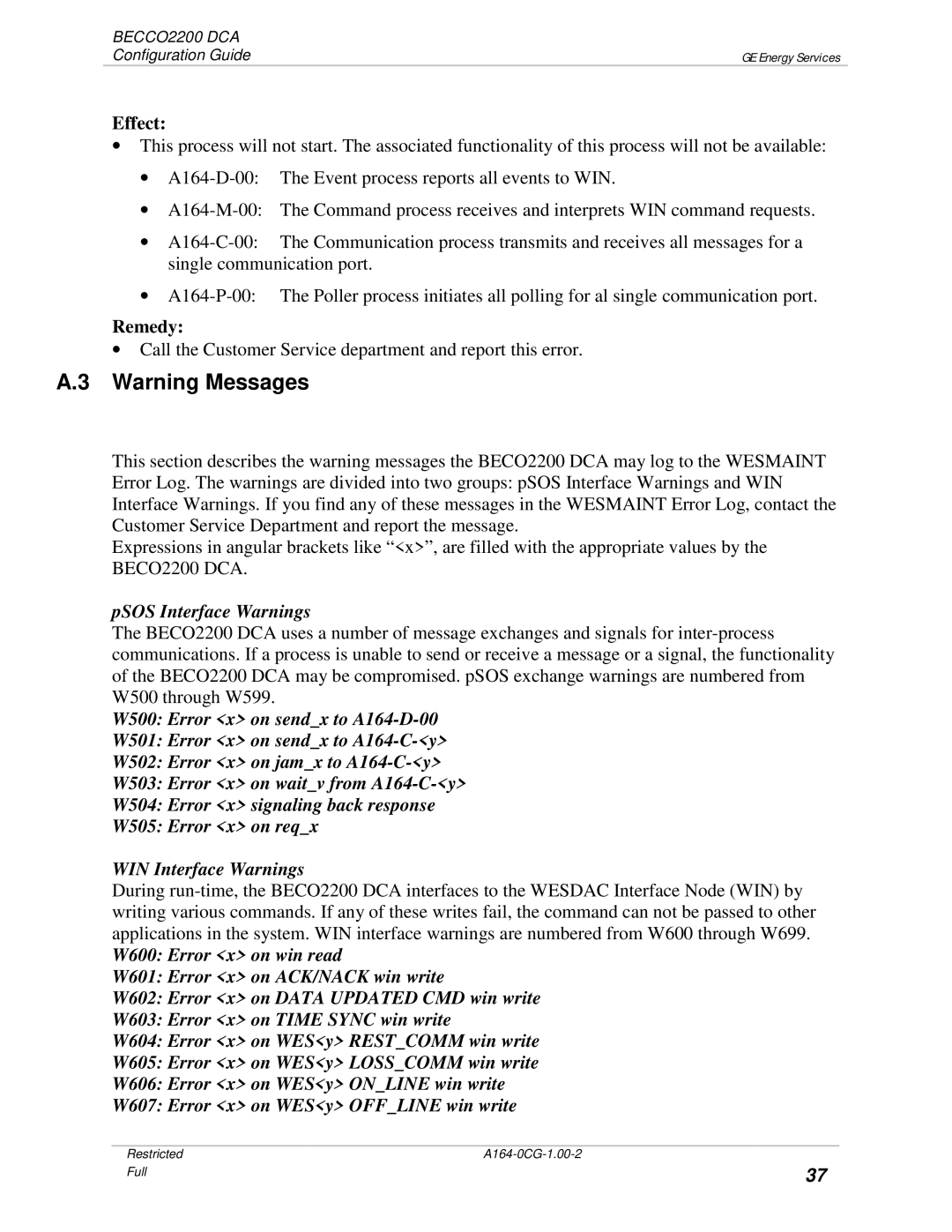 GE BECCO2200 manual PSOS Interface Warnings 