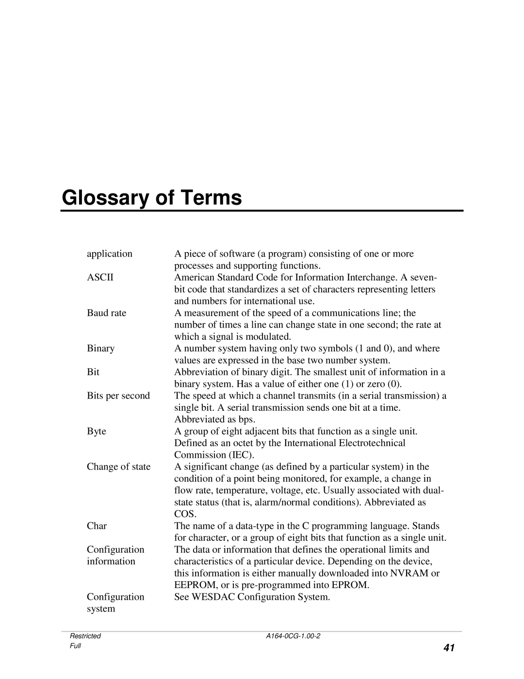 GE BECCO2200 manual Glossary of Terms, Ascii 